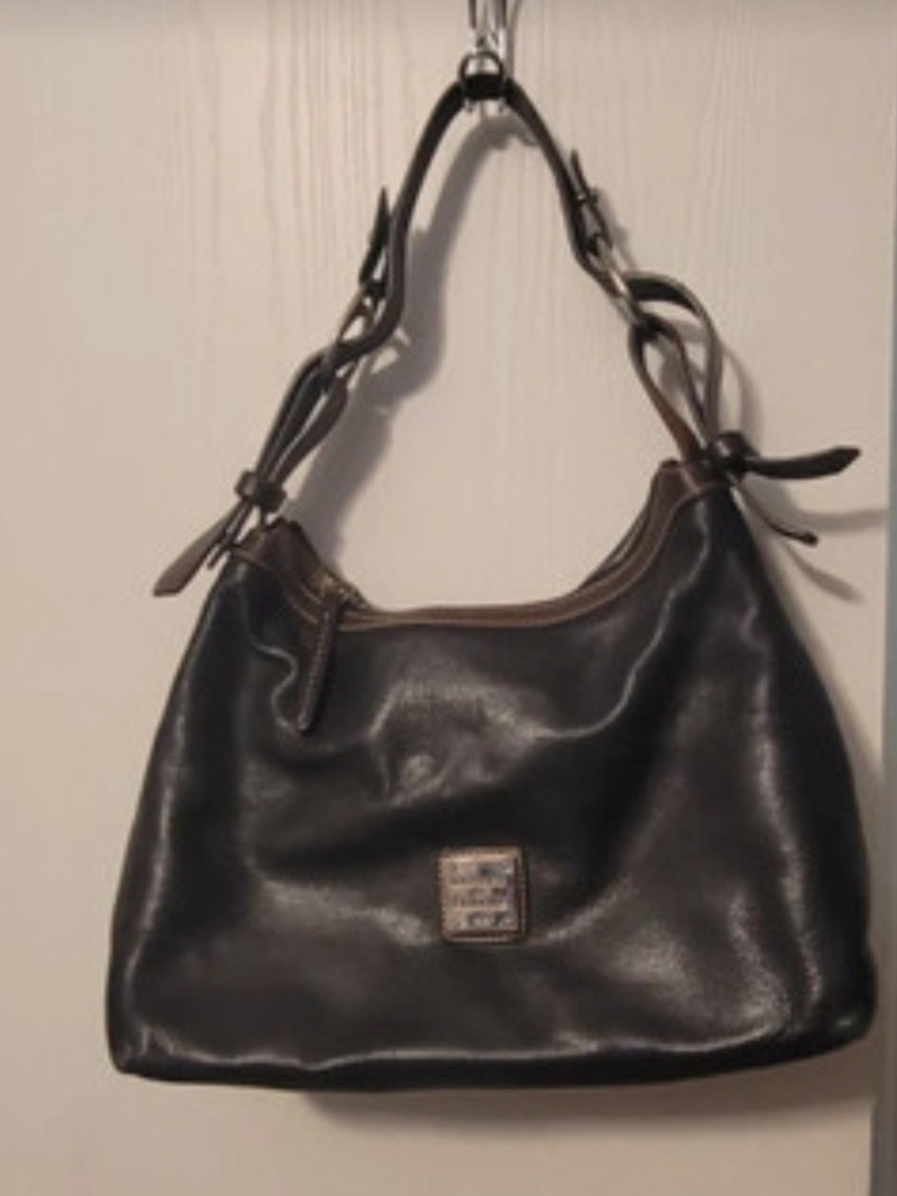 Dooney & Bourke Black Leather Shoulder Bag with Brown Trim Accents